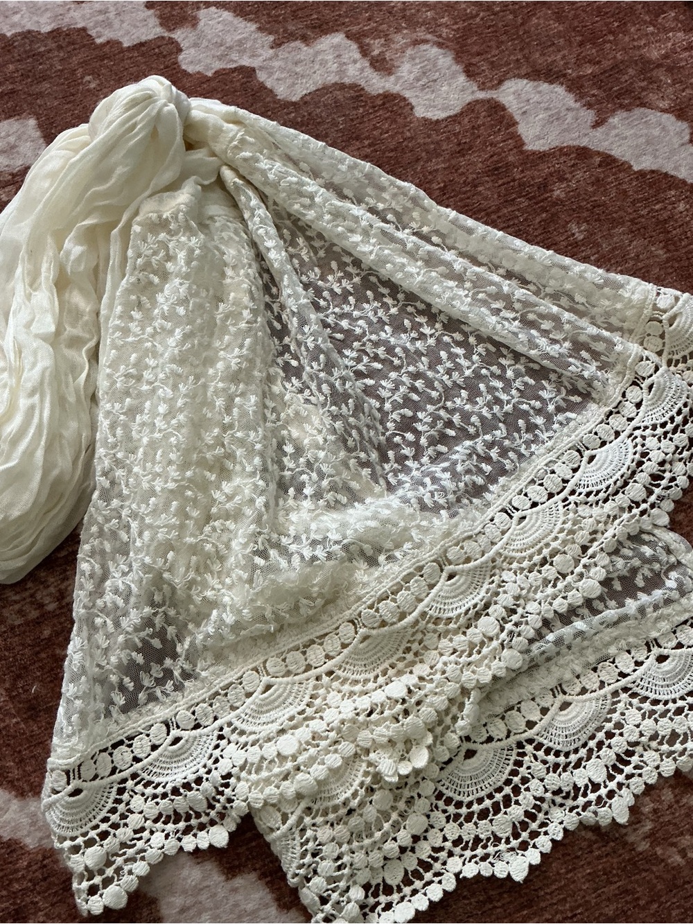 Sheer Ivory chiffon Crochet Lace Scarf / Shawl